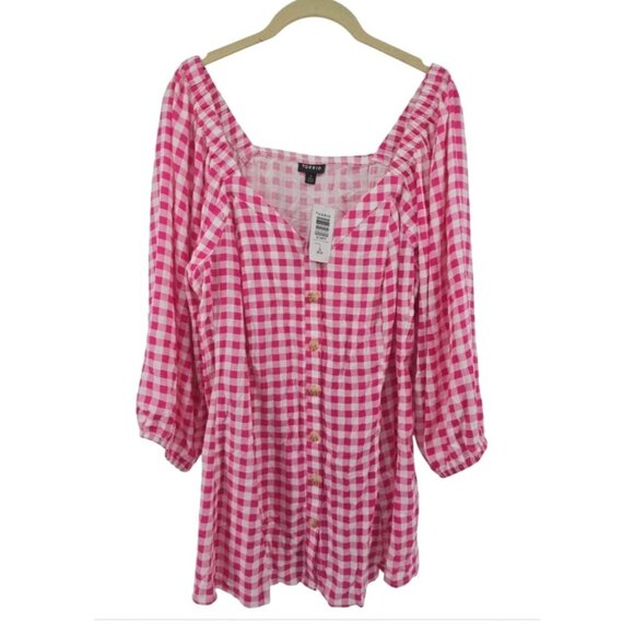 New Torrid Fit & Flare Button Up 3/4 Sleeve Pink Gingham Top Size 2X - Picture 2 of 11